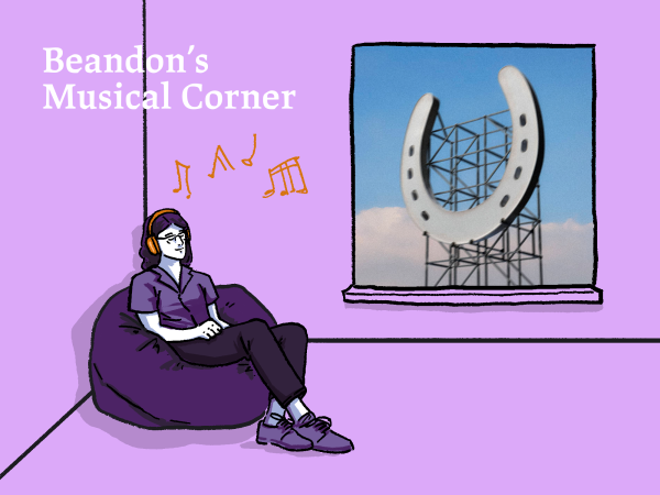 Cartoon version of Brandon listens to music through headphones while seated on a bean bag in a corner of a purple-walled room with "Beandon's Musical Corner" written in the background. The window panel is the image of underscores' "Wallsocket" album cover.