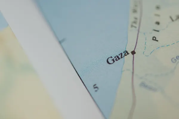 A map zoomed into a point that reads Gaza.
