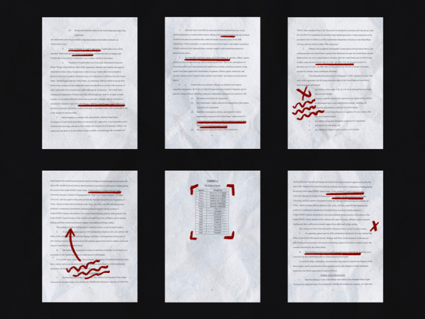 Six documents with red highlighting on them.