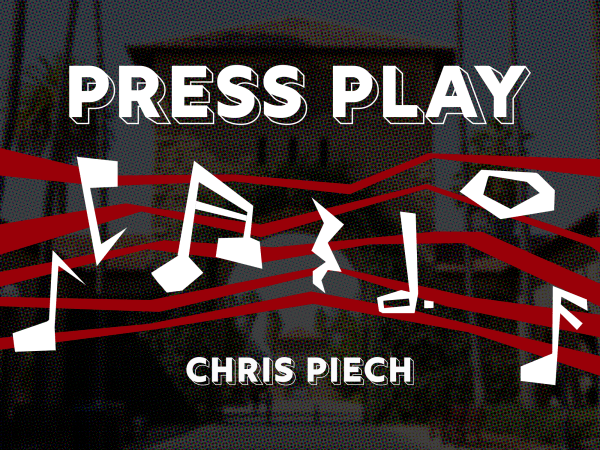 Music notes float across a music staff in front of a backdrop of the Stanford Main Quad. The title of the column, "Press Play," is displayed at the top, and the subject interviewed, Chris Piech's name is at the bottom