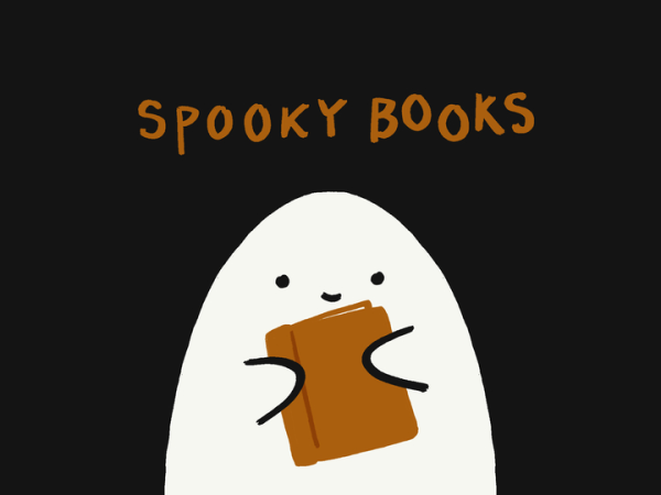 A drawing of a smiling ghost holds a book, "spooky books" is written above the ghost's head