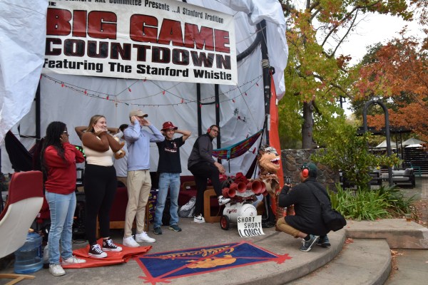 The Axe Committee sets up camp in White Plaza and blows The Stanford Whistle every hour leading up to big game. (Photo: DAVITA WRONE/The Stanford Daily)