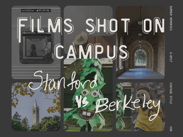 A graphic of photos of Stanford and Berkeley's campus. In the foreground, the text reads "Films shot on campus: Stanford vs. Berkeley).