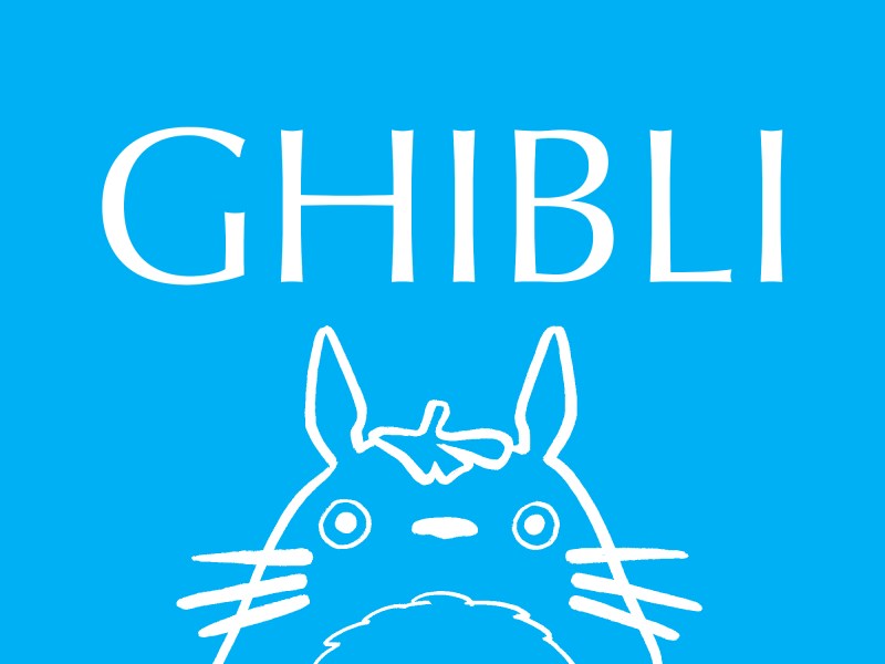 a sky-blue graphic with 'GHIBLI" written in white text with a sketch of an ambiguous rabbit-like creature.