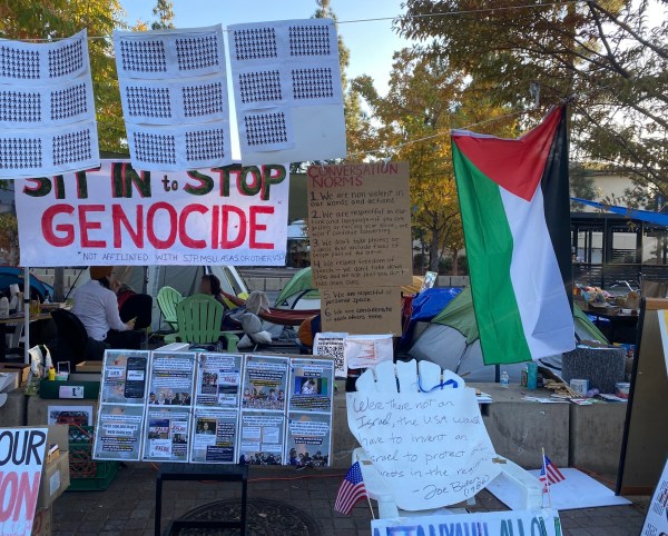 The Sit-In to Stop Genocide has dozens of signs at its front on Wednesday, Nov. 8. (Photo: SARAH RAZA/The Stanford Daily)