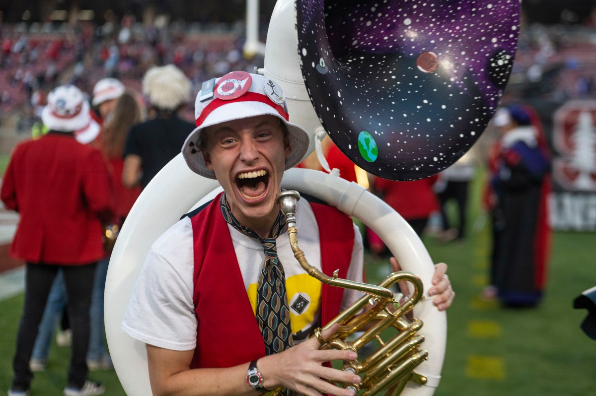 Sousaphone player cheers