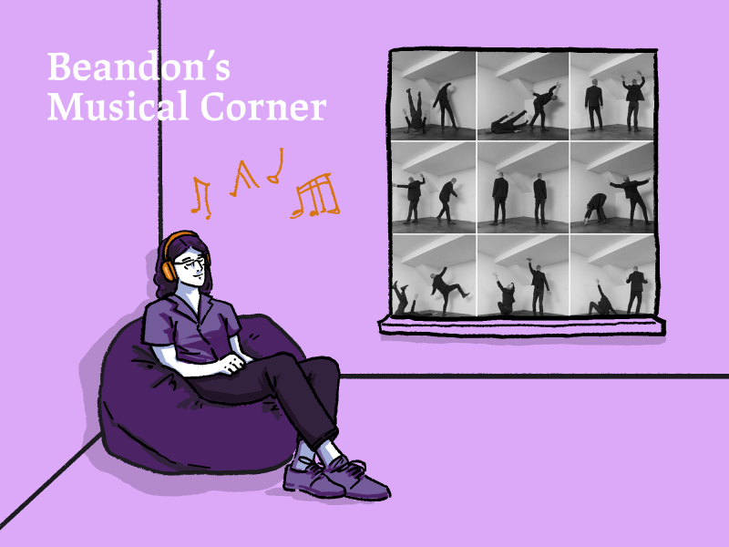 Cartoon version of Brandon listens to music through headphones while seated on a bean bag in a corner of a purple-walled room with "Beandon's Musical Corner" written in the background. The window panel is the image of Sprain's "The Lamb as Effigy" album cover.