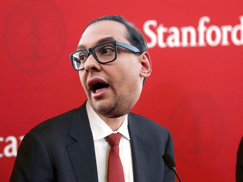 George Santos's face photoshopped onto someone standing in front of a red background that reads Stanford.