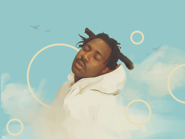 Sampha floats among the clouds in front of ivory circles and bird silhouettes in the background.