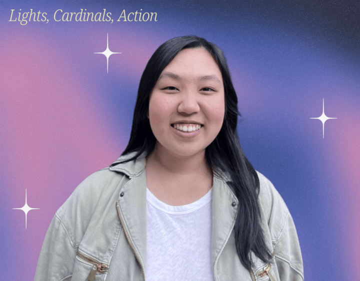Picture of Joanna Kim in front of a starlit blue and purple background