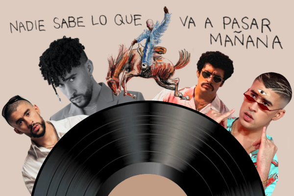 A collage with a vinyl disc in the foreground, with four photos of Bad Bunny in the background. There is also a drawing of a masked man on horseback and text reading, “nadie sabe lo que va a pasar mañana,” both from the album's cover