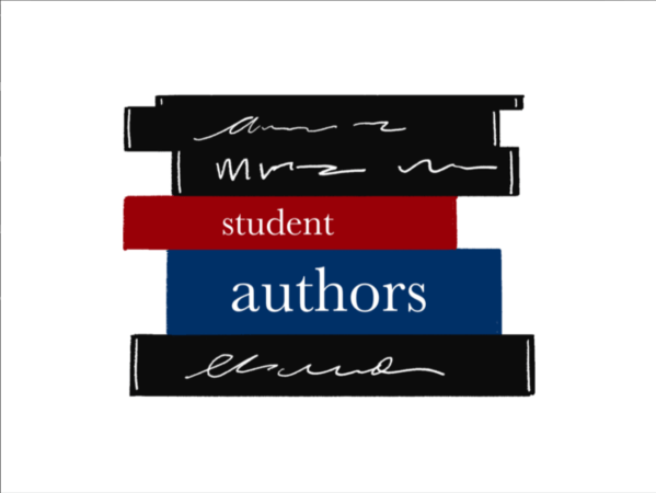 a graphic with a white background showing a stack of books, with the words "student authors" written on the spines