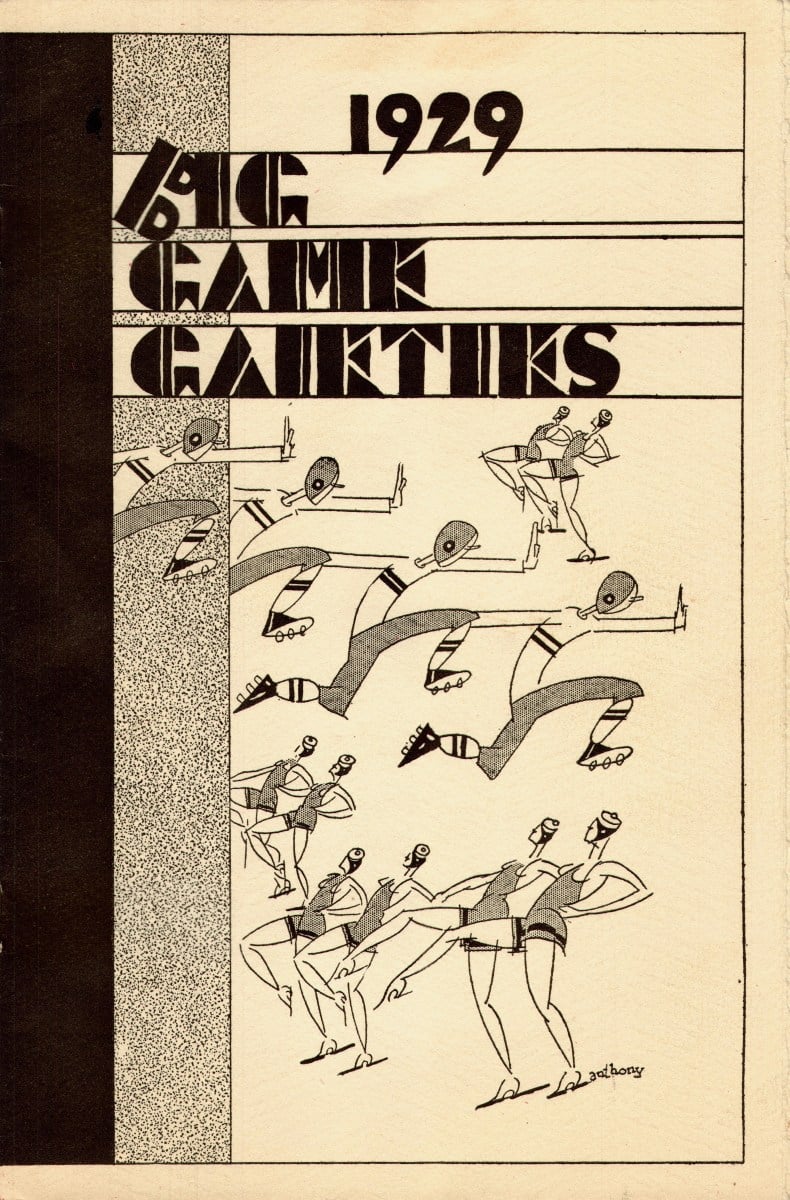 A program titled "1929 Big Game Gaieties" with stylized illustrations of football players and women dancing