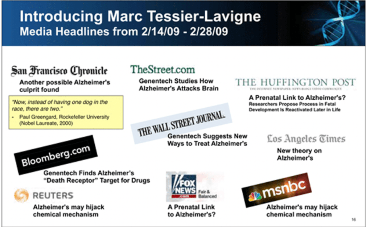 A power point slide titled "Introducing Marc-Tessier-Lavigne" with "Media Headlines from 2/14/09 - 2/28/09" in smaller text below. Title in white on a blue background with a DNA image to the side. Slide shows screenshots from many news articles including headlines and the newspapers.