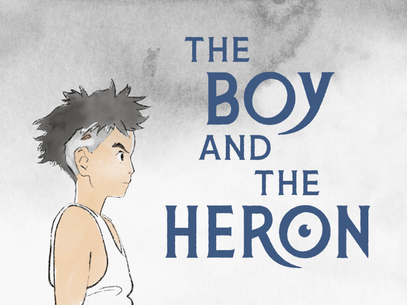 A graphic of a boy, with the text "The Boy and the Heron" written in the foreground.