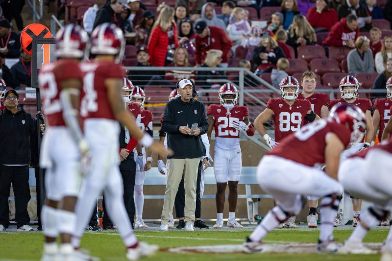 Troy Taylor stands on the Stanford sideline while players line up on the field