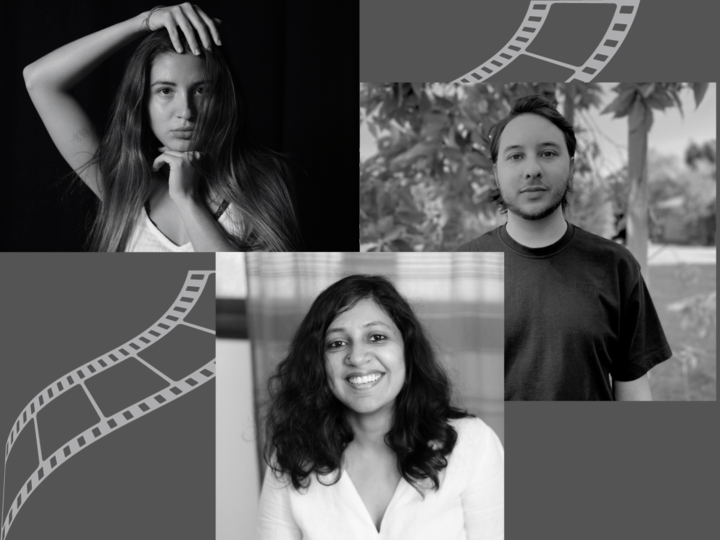 Black and white headshots of filmmakers Pamela Martinez Barrera, Sruti Visweswaran and Enrique Pedráza Botero on a grey background with a filmstrip going across it.