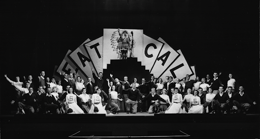 black and white photo of the 1952 gaities show, which features a large arched "Beat Cal" banner
