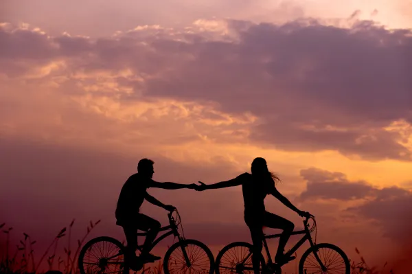Silhouettes of woman on bike reaching for man's hand behind her also on bike against a sunset.