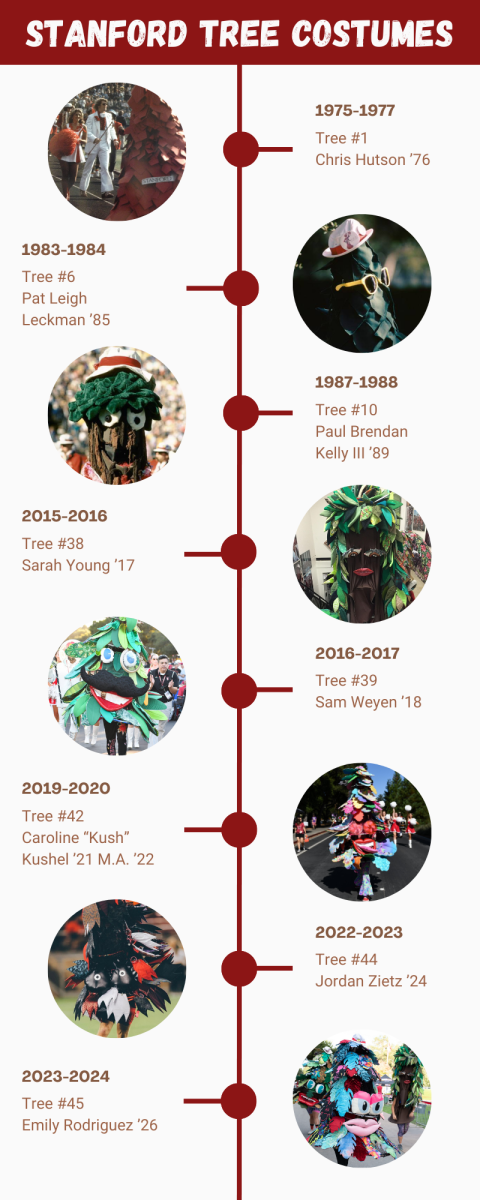 A timeline of the eight Stanford Trees mentioned in the article.
