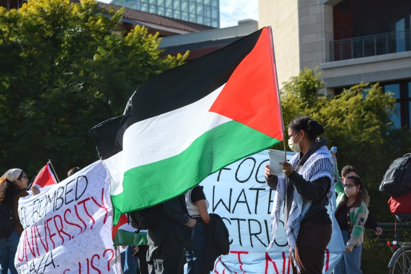 A picture of a Palestine flag at a Demonstration outside Huang.