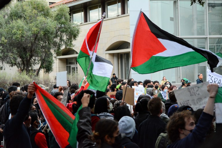 Students participate in a protest during Global Strike Week to support Palestine in front of the David Packard Electrical Engineering Building in January 2024. (Photo: HANNAH SHU/The Stanford Daily)