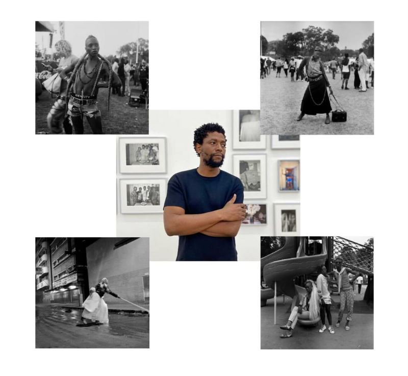 A collage featuring a photo of Sabelo Mlangeni, a young Black man, surrounded by some of his photographs, which are all in black and white