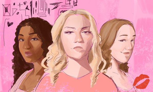Drawing of three girls against a pink backdrop