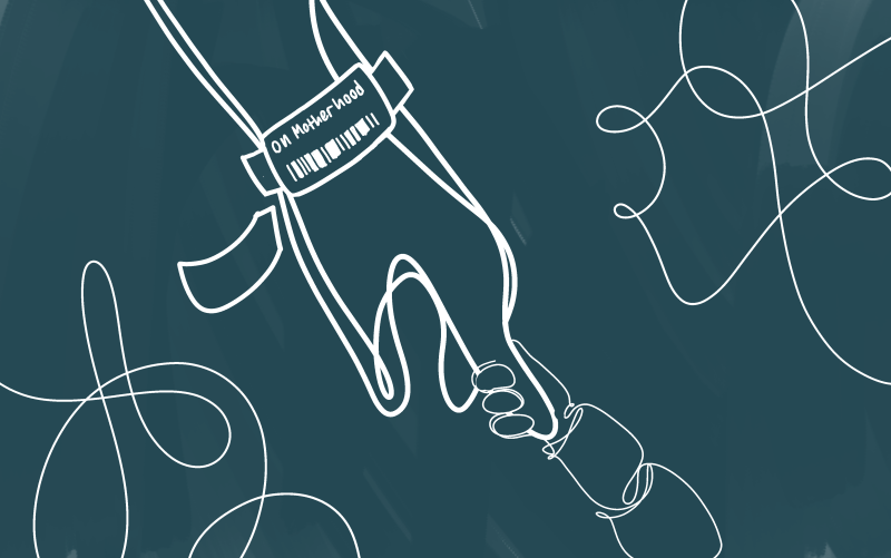 A graphic of abstract white lines forming in the middle to form a hand with a hospital band with the words "on motherhood," set against a solid teal background.