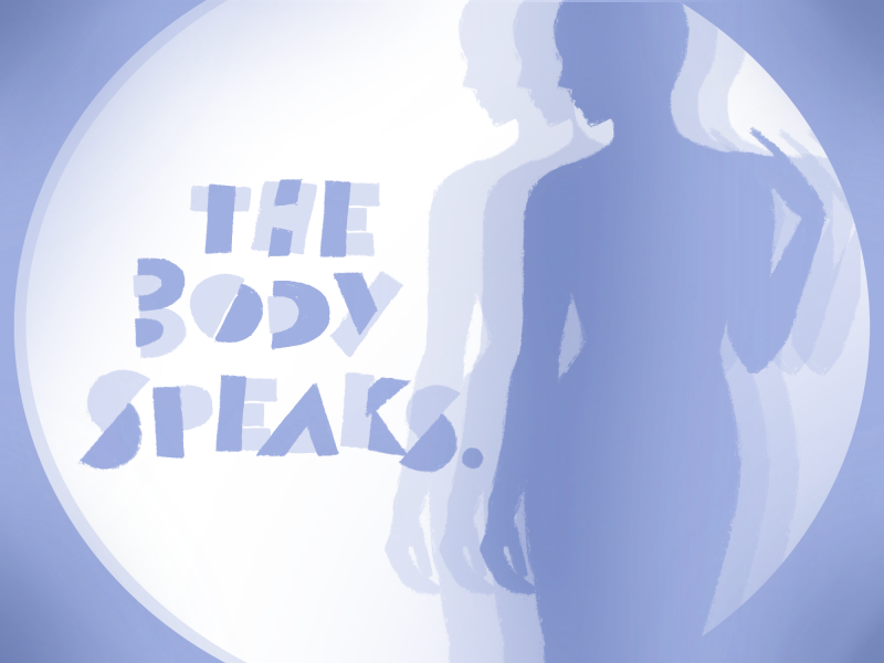 Light purple shadowed image of body with text "The Body Speaks."