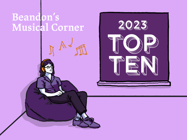 Cartoon Brandon listens to music while sitting on a purple bean bag in the corner of a room with a window displaying text, "2023 top ten"