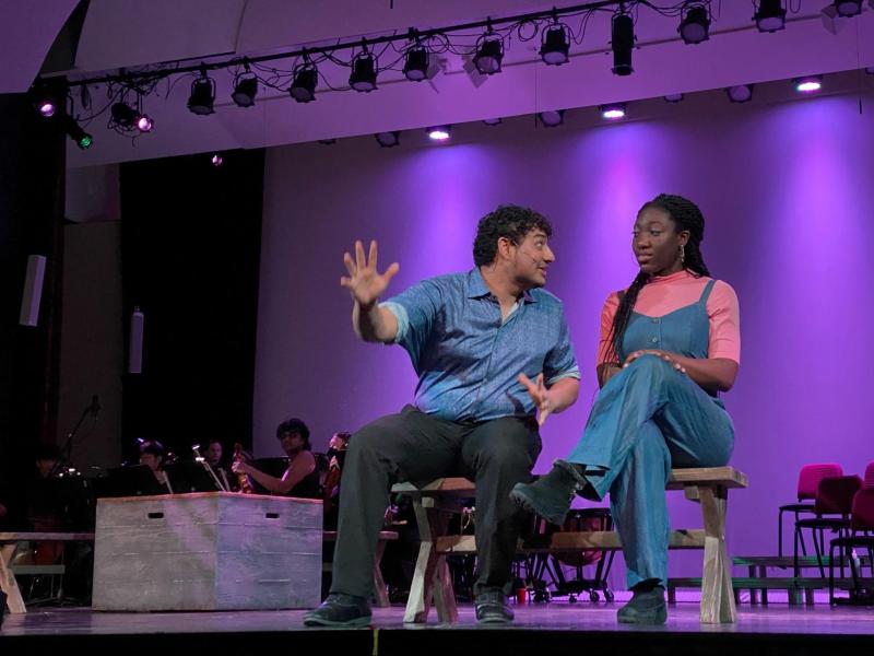 a photo of two people sitting on chairs on top of a stage. the person on the left is wearing black pants and a blue button-up and is gesturing widely. the person on the right is wearing a pink shirt and denim overalls