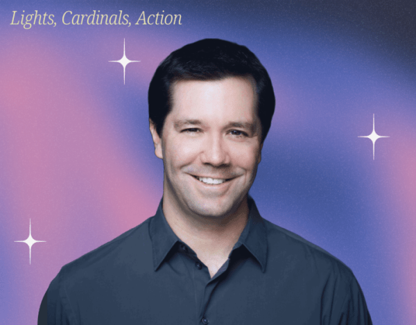 Picture of Jeff Small in front of a pink and purple background with star imagery and the headline "Lights, Cardinals, Action".