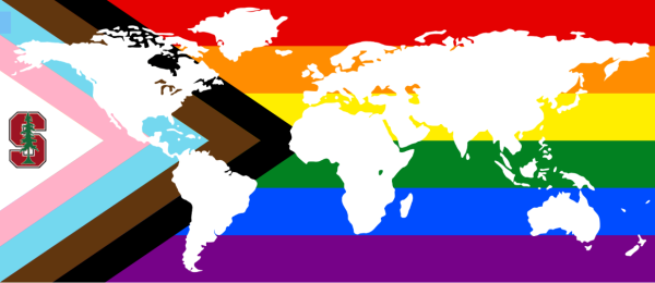 A map of the world overlying a pride flag with a Stanford logo. (Graphic: SHERLOCK LANGEVINE/The Stanford Daily)