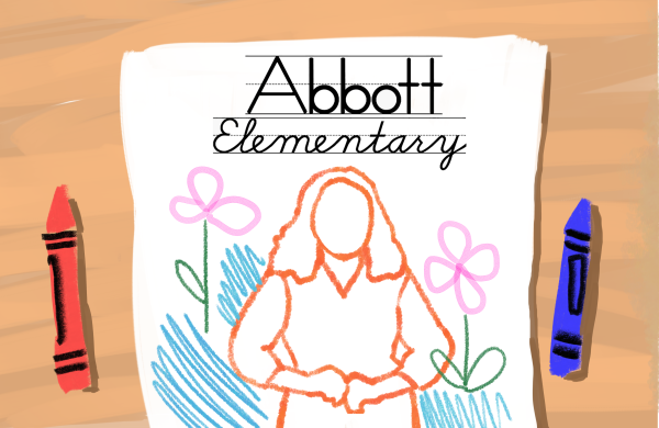 Drawing of crayons to the side of a white paper with the title "Abbott Elementary" and an outline of a character with flowers to their side