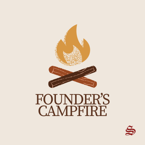 A cartoon fire hovering over two crossed logs. Text that reads founder's campfire.