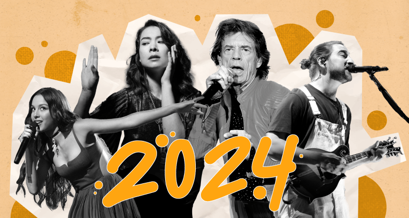 (Left to right) Olivia Rodrigo, Mitski, The Rolling Stones and Noah Kahan pictured against a yellow background with "2024" in yellow text displayed in front.
