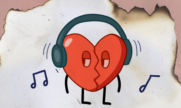 A broken, red heart listening to music through headphones, looking dejected in from of a background of ripped paper.