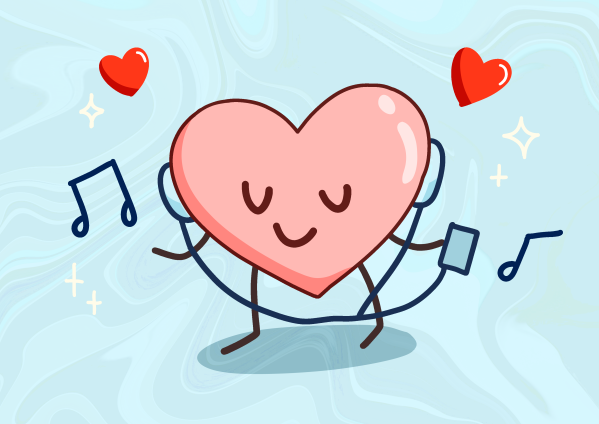 A happy, pink cartoon heart listening to romantic music through earbuds and holding a phone in from of a light blue background.