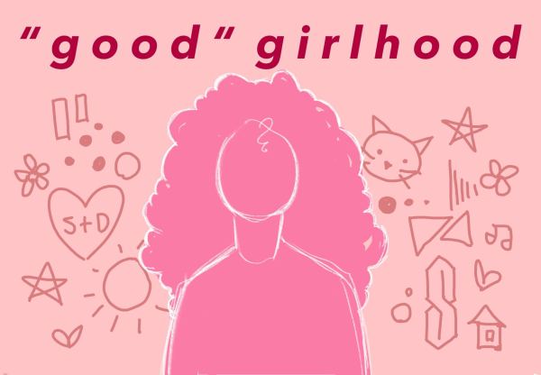 A pink outline of a girl with symbols representing girlhood around the outline.