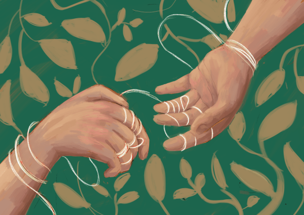 A graphic of two hands tied by strings, on a background of green and gold leaves