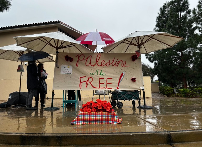 Faculty in conversation with each other in front of a sign that reads Palestine will be free.