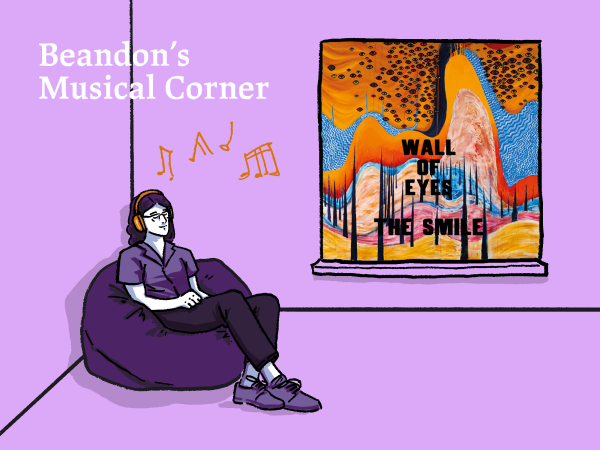 Cartoon version of Brandon listens to music through headphones while seated on a bean bag in a corner of a purple-walled room with "Beandon's Musical Corner" written in the background. The window panel is the image of The Smile's "Wall of Eyes" album cover.