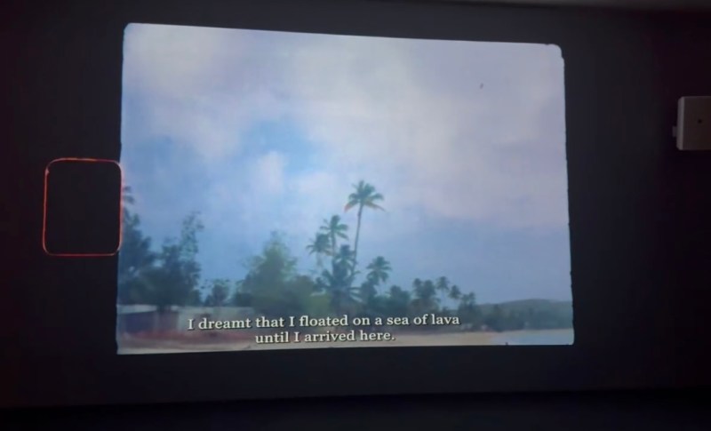 A photo of a frame from Muriente's "Celaje,"which features palm trees and the text "I dreamt that I floated on a sea of lava until I arrived here"