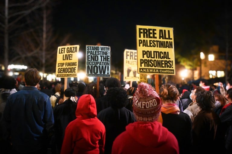 Pro-Palestine signs held by protestors in a crowd.