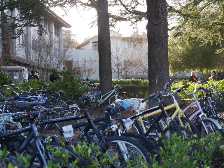 A bike rack outside of Florence Moore Hall.