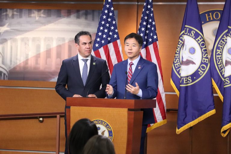 Representatives Lieu and Aguilar hold press conference.