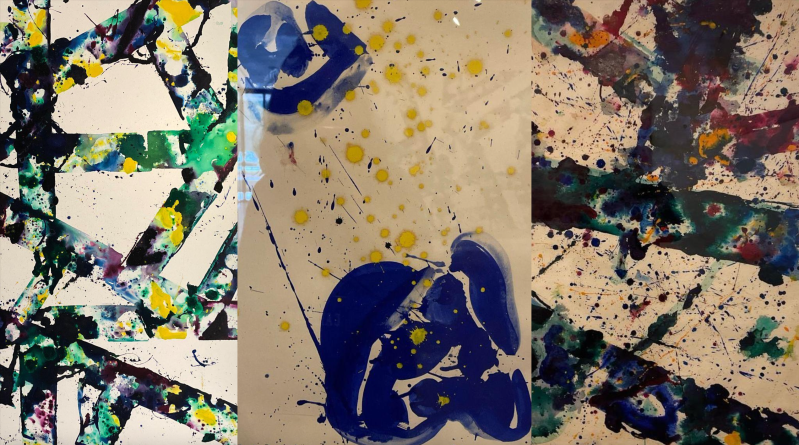 Three panels of paintings by Sam Francis.
