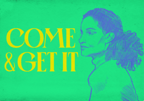 A graphic of Kiley Reid's profile drawn in blue stands on the right side, the left side has a text in yellow that reads "Come & Get It" in front of a green background