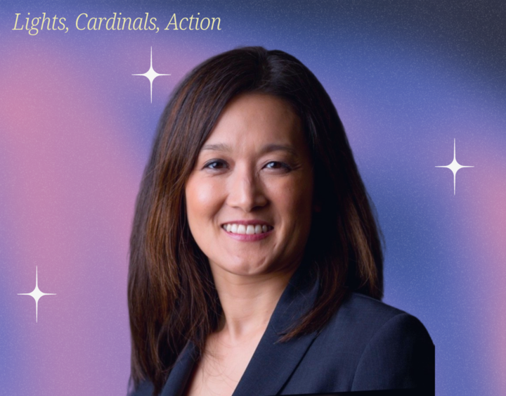 Picture of Charlotte Koh in front of purple and blue background with stars. Text on the left corner reads: "Lights, Cardinals, Action"
